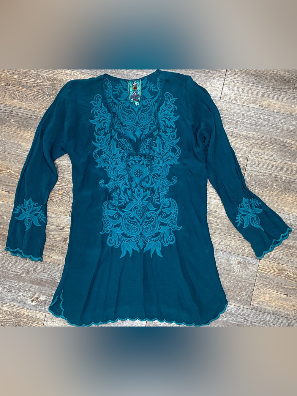 Johnny Was Tania Tunic Blue Boho Hippie Embroidered Long Blouse Top Womens Small